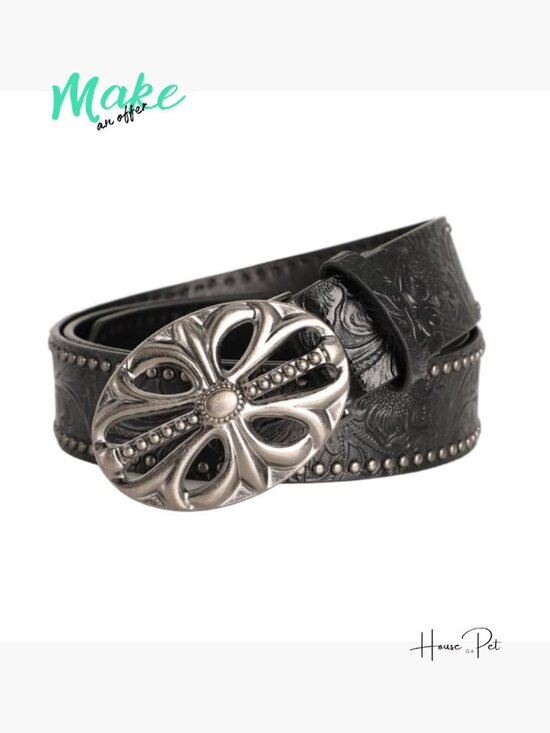 PU Leather Studded Western Belt with Carved Flower Buckle main image 5